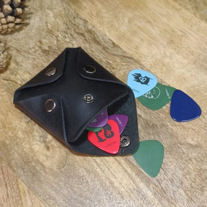 Leather guitar pick case personalized with engraving handmade from genuine leather with logo, name, and initials. Gift for guitarist or bassist