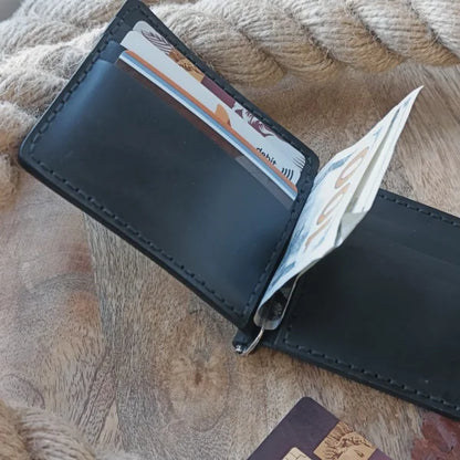 Personalized leather wallet with money clip and 8 card slots, with laser engraving of text or image