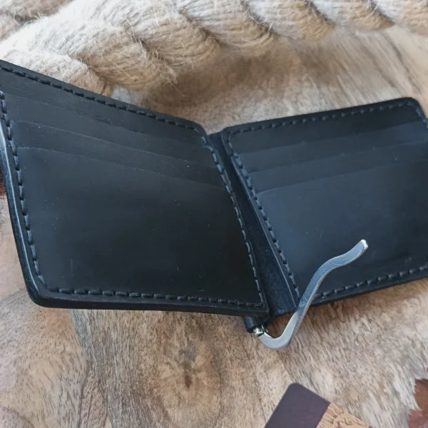 Personalized leather wallet with money clip and 8 card slots, with laser engraving of text or image