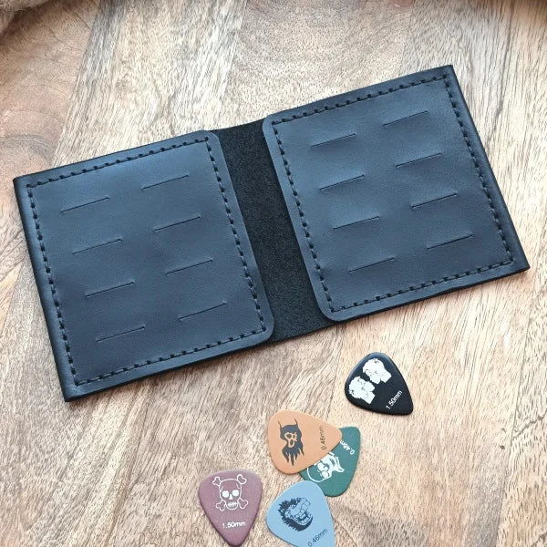 Leather Guitar Pick Holder for 16 Picks Personalized with Engraving of the Band’s Logo, Musician’s Name or a Concert Photo etc.