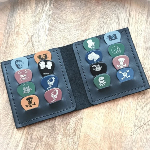 Leather Guitar Pick Holder for 16 Picks Personalized with Engraving of the Band’s Logo, Musician’s Name or a Concert Photo etc.