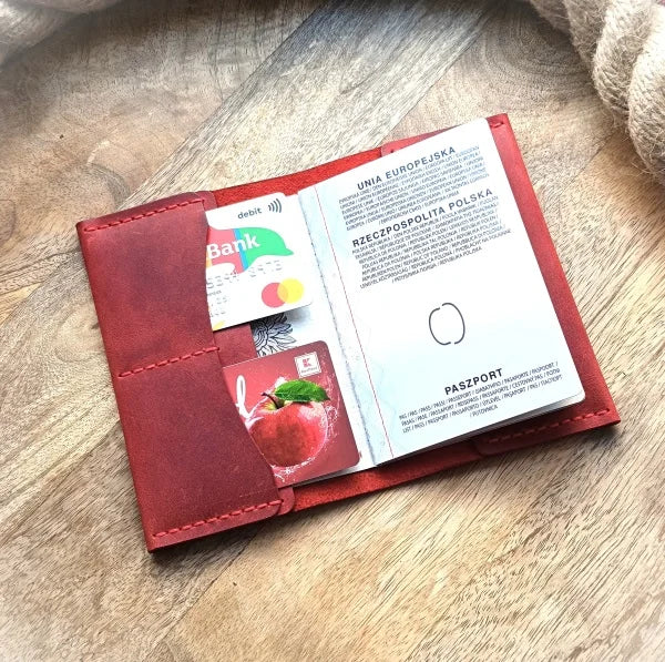 Personalized travel set with luggage tag and passport holder, handcrafted from high-quality red leather.