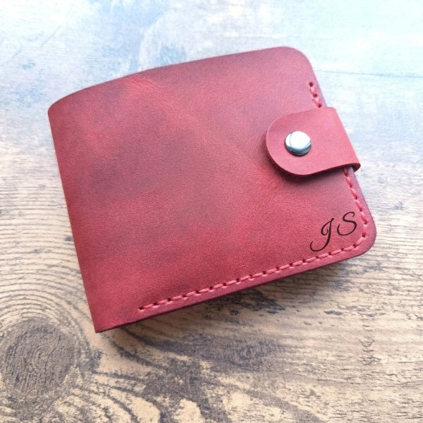 Portefeuille femme en cuir véritable rouge fait main, gravure laser personnalisée (nom, initiales, date, motif) — cadeau unique