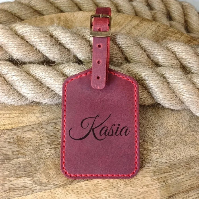 Etiquette de valise personnalisée avec nom, monogramme, initiales, logo, numéro de téléphone gravés à la main en cuir bordeaux