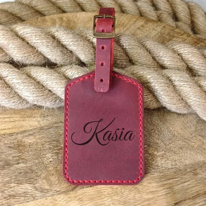 Etiquette de valise personnalisée avec nom, monogramme, initiales, logo, numéro de téléphone gravés à la main en cuir bordeaux