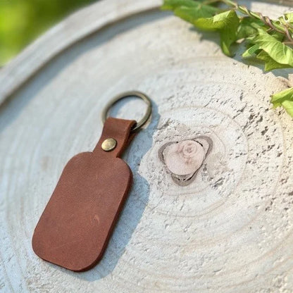 Keychain with wolf and personalized engraving of name, initials, memorable date, significant phrase handmade from high quality genuine leather