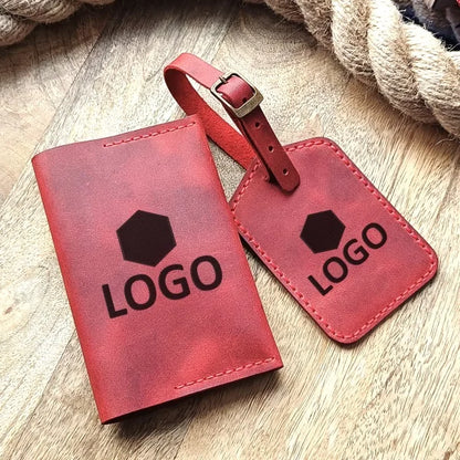 Personalized travel set with luggage tag and passport holder, handcrafted from high-quality red leather.
