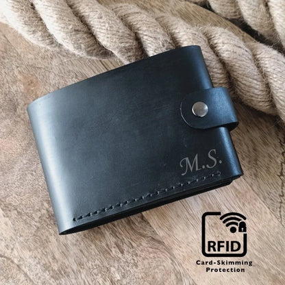 Portefeuille homme en cuir RFID fait main avec gravure pour 11 cartes, billets de banques, 2 emplacements pour photos ou ID avec pochette à monnaie
