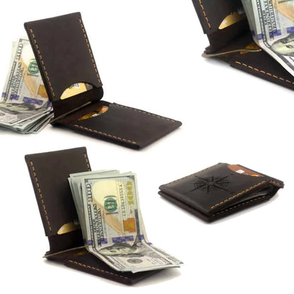 Portefeuille pour homme avec pince à billets fabriqué à la main en cuir véritable marron avec quatre poches pour cartes de crédit.