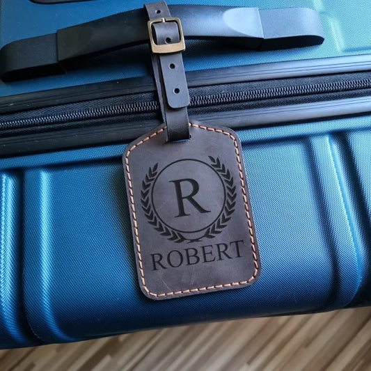Custom personalized luggage tag handmade from brown leather with engraving monogram, logo, name, initials, phone number or text and pictures