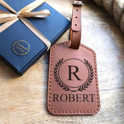 Personalized leather luggage tag. Custom luggage tag with name, initials, logo, phone number.