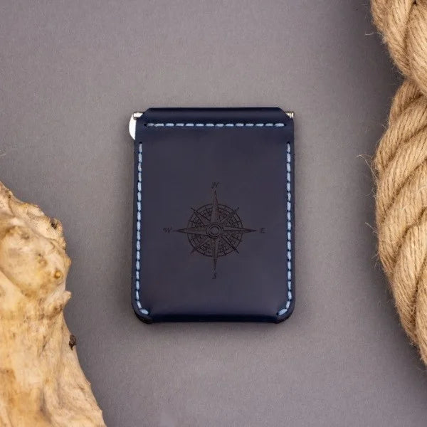 Portefeuille en cuir fin avec pince à billets pour homme fait à la main en cuir véritable bleu marine avec deux poches pour les cartes de crédit