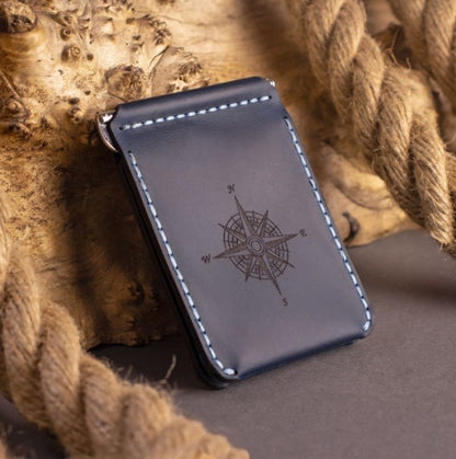 Portefeuille en cuir fin avec pince à billets pour homme fait à la main en cuir véritable bleu marine avec deux poches pour les cartes de crédit