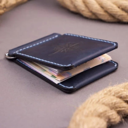 Portefeuille en cuir fin avec pince à billets pour homme fait à la main en cuir véritable bleu marine avec deux poches pour les cartes de crédit