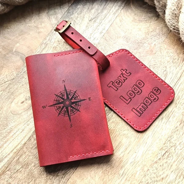 Personalized travel set with luggage tag and passport holder, handcrafted from high-quality red leather.