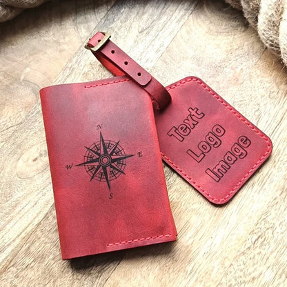 Personalized travel set with luggage tag and passport holder, handcrafted from high-quality red leather.