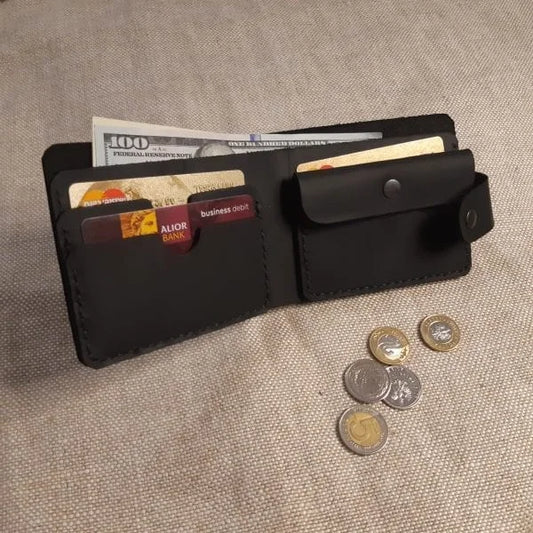 Portefeuille personnalisé pour lui avec gravure fait main en cuir noir avec pochette pour billets, pour 3 cartes avec pochette pour pièces de monnaie