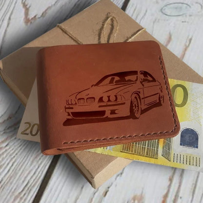 Cadeaux pour les propriétaires de BMW. Portefeuille en cuir personnalisé pour homme avec gravure du nom, du texte et de l’image de votre choix.