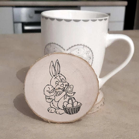 Wood 4 Coasters Set. Engraved Easter Bunny Custom Coasters. Cute Wooden Slice Coasters. Easter Gifts