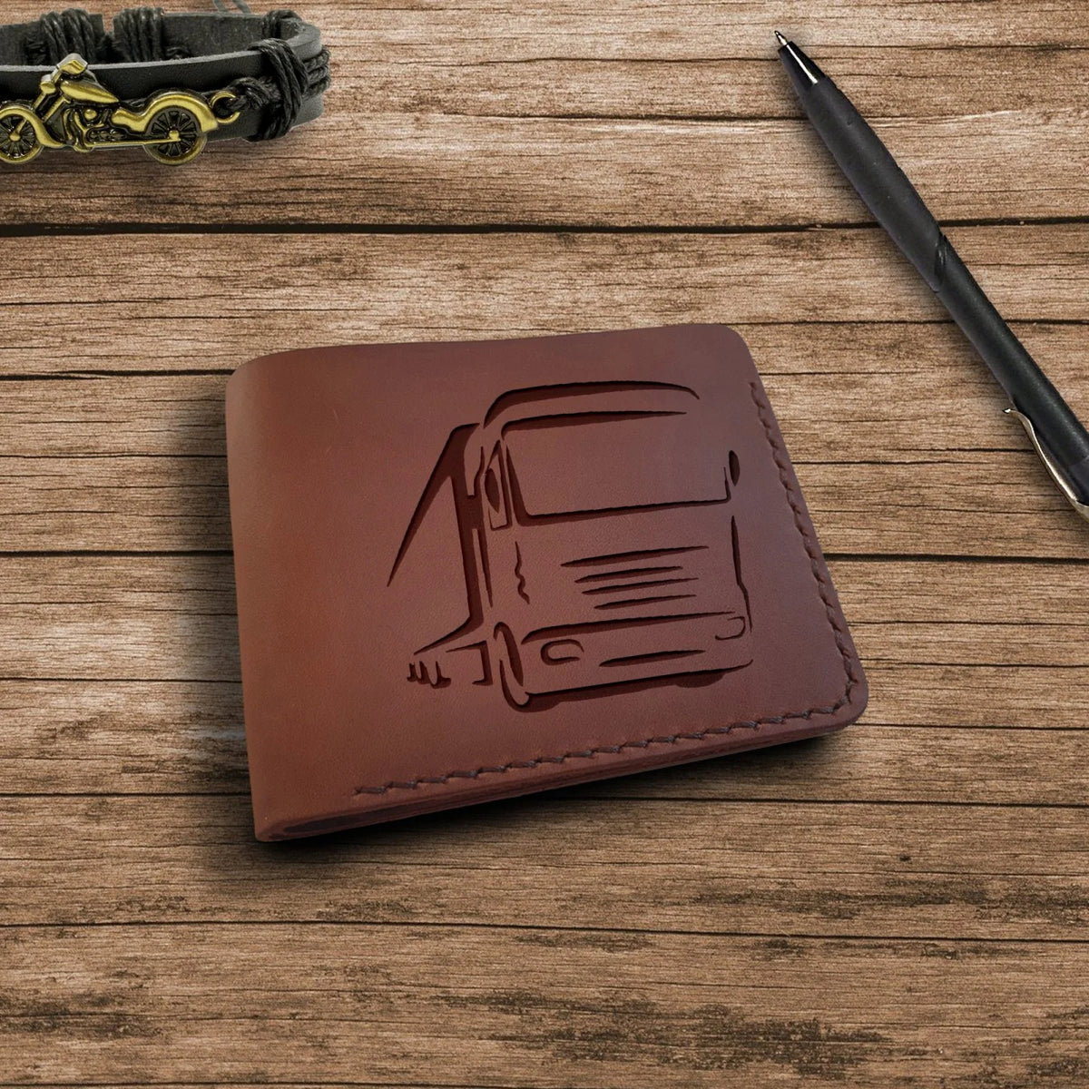 Gift for truck or lorry driver Personalized mens leather wallet with engraving name initials monogram any text and picture Handmade wallet for men