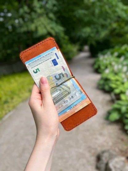 Men's handmade brown leather wallet with money clip, crafted from genuine leather with two credit card pockets