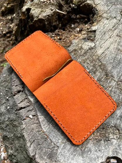 Men's handmade brown leather wallet with money clip, crafted from genuine leather with two credit card pockets